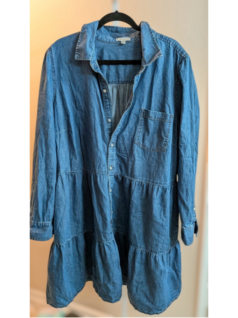 Crown & Ivy Chambray Tiered Button Front Shirt cotton Dress Long Blue 4X